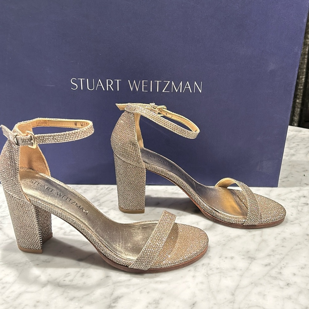 Stuart Weitzman Nudist 75mm Block Heel - Gold Sparkle- Bridal Shoes